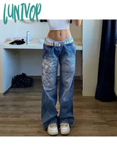 Lunivop Woman Loose Jeans Low Waist Denim Straight Leg Pants Gradient Color Trousers Wash Pockets